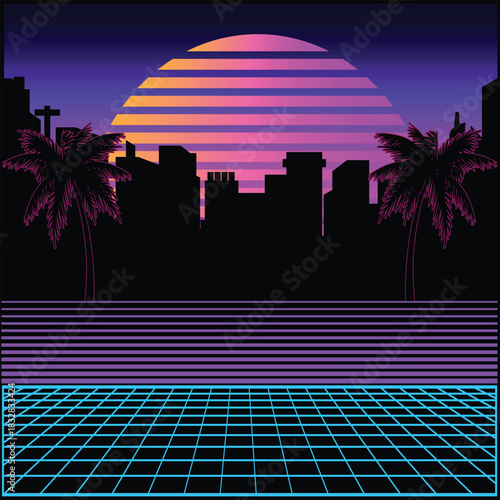 Vaporwave sunset design featuring a glowing retro sun, palm tree silhouettes, neon grid floor, and cyan–purple checkerboard pattern, creating a bold 80s synthwave nostalgic aesthetic.
