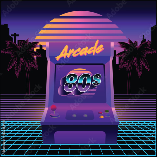 Retro 80s arcade machine illustration with neon lights, vibrant synthwave colors, palm trees, and grid floor. Perfect for gaming posters, nostalgia themes, digital art, and vintage retro designs.
