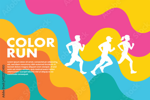 Colorful vector silhouette illustration of a group of men and women running together in dynamic motion. Each runner is designed in a different vibrant color—orange, yellow, blue, pink, green, and cyan