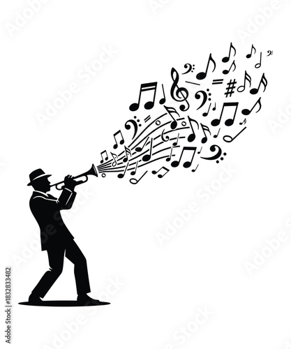 Musician trumpet player silhouette music notes