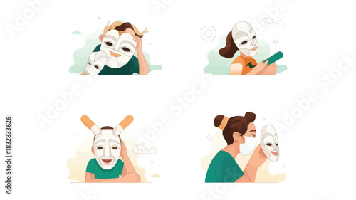 Playful collection of abstract geometric masks and shapes in vibrant cmyk colors and grayscale tones