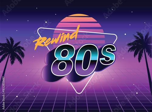 Vibrant retro 80s synthwave design featuring neon colors, palm trees, sunset gradient, and bold typography. Perfect for nostalgic themes, music events, posters, digital art, and promotion