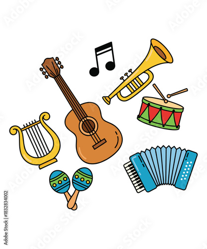 Collection of colorful musical instruments cartoon