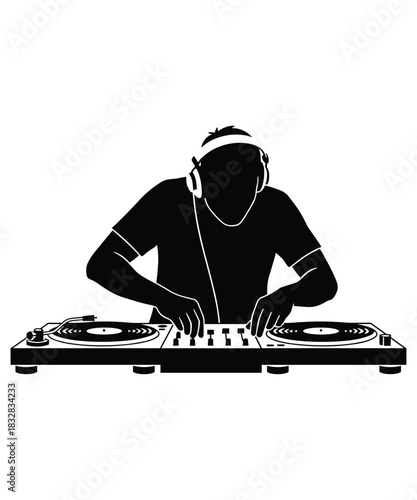 DJ silhouette with headphones and turntable
