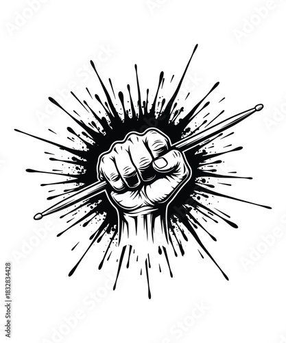 Fist holding drumsticks ink splash monochrome