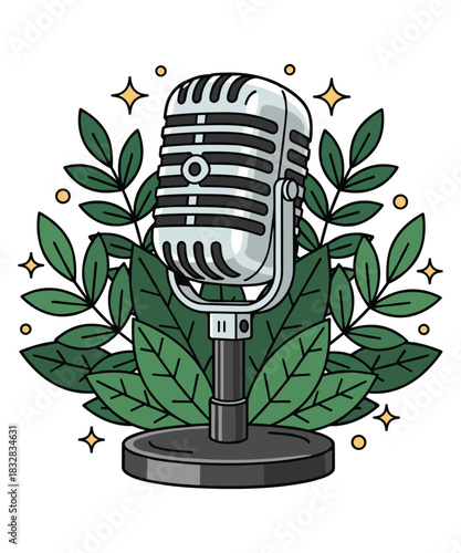 Vintage microphone with green leaves illustration
