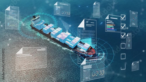 Bill of Landing Cargo Container Ship virtual electronic files and checklists Futuristic digital document management. Receipt of Goods shipment tracking number big data logistics freight transportation