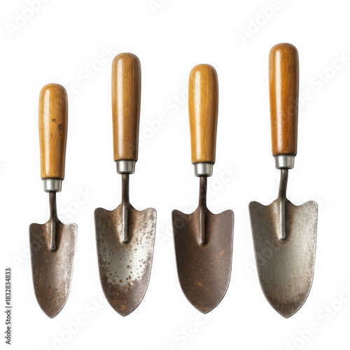 Four garden trowels with wooden handles isolated on transparent background