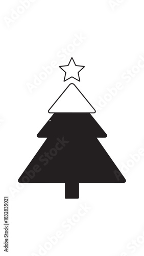 Minimal Silhouette Christmas Tree with Star on Top, Simple Black Icon Illustration.
