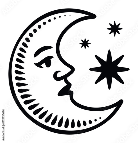 Celestial crescent moon with a human face and star elements, perfect for cosmic themes and mystical concepts in graphic projects.