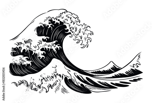 Powerful black and white ink drawing of a monumental wave crashing and forming foam, suitable for use in graphic projects, posters, and decorative elements.