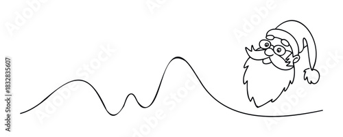 Whimsical line drawing of Santa Claus peeking over a wavy line, perfect for festive holiday greetings and cheerful seasonal promotions.