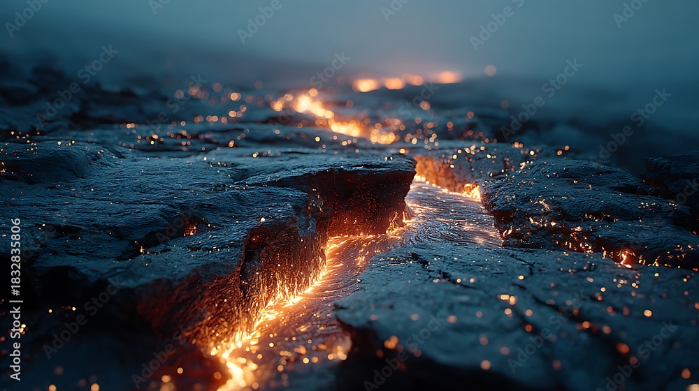 Fototapeta premium Bright orange molten lava flowing volcanic pictures
