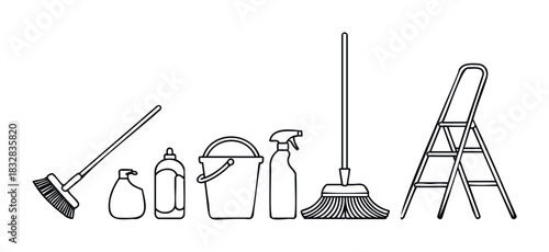 Collection of cleaning supplies including brooms, bottles, bucket, and ladder depicted in a line drawing for use in home maintenance or household chores visuals.