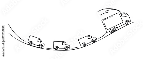 Group of trucks and vans moving downhill on a curved road, representing movement, transport, or logistics for delivery services and freight transportation.