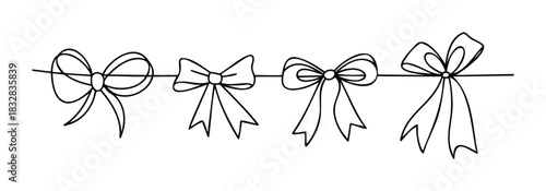 Line drawing garland of four different bows connected by a string, ideal for holiday decorations and gift wrapping celebrations
