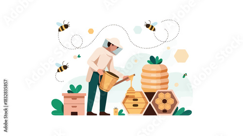 Geometric illustration of a beekeeper tending to a large hexagon with honeycomb patterns and bees
