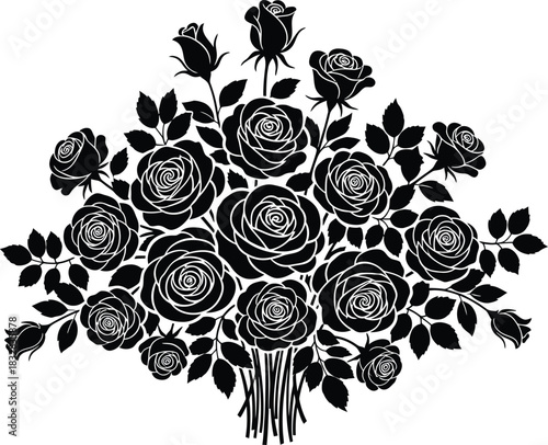 Black and white silhouette vector illustration of a large bouquet of blooming rose flower heads and leaves