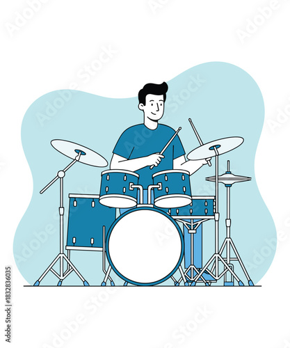 Cartoon drummer playing full drum set blue