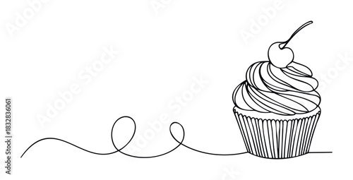 Simple line drawing of a cupcake with swirl frosting and a cherry on top, perfect for food blogs, bakery promotions, and sweet treat graphics.