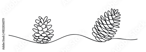 Black line drawing of two pine cones on a wavy ground line, perfect for nature themed backgrounds and seasonal promotions