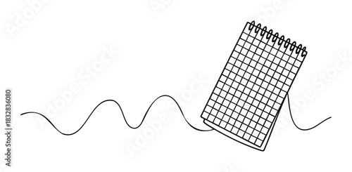 Black ink spiral notebook with grid pages connected by a wavy line suggesting creativity and thought flow, ideal for note taking and concept development.