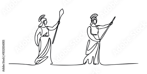 Minimalist line drawing of two ancient Greek warriors wearing helmets and holding spears, perfect for historical presentations and mythology themes.