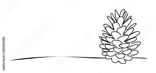 Simple line drawing of a pinecone resting on a horizontal line, perfect for nature themes and seasonal projects.