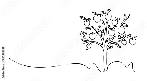 Delicate line drawing of a mature apple tree laden with fruit and leaves, symbolizing growth and abundance for natural product packaging and healthy food concepts.