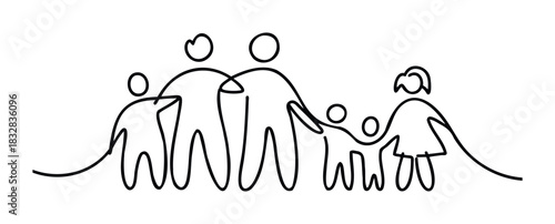 A simple line drawing depicts a diverse family unit composed of two adults and three children, symbolizing unity and connection, perfect for representing togetherness and community