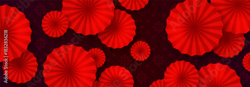 Chinese New Year. 2026. Exquisite textured background in red with red fans.