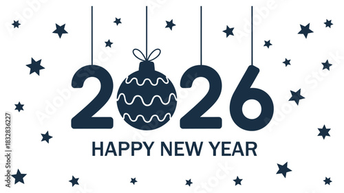 Minimal 2026 Happy New Year greeting design featuring hanging ornament replacing zero, surrounded by festive stars in clean monochrome winter style