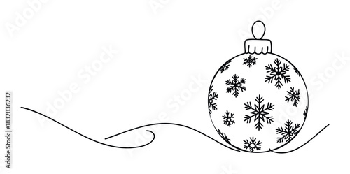 Minimalist line drawing of a festive Christmas bauble adorned with snowflakes, perfect for holiday greeting cards and winter themed promotions.