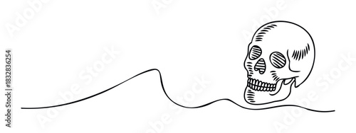 Minimalist line drawing of a skull emerging from a wavy ground offers a striking visual for concepts of mortality, transformation, or existential themes suitable for various media projects.