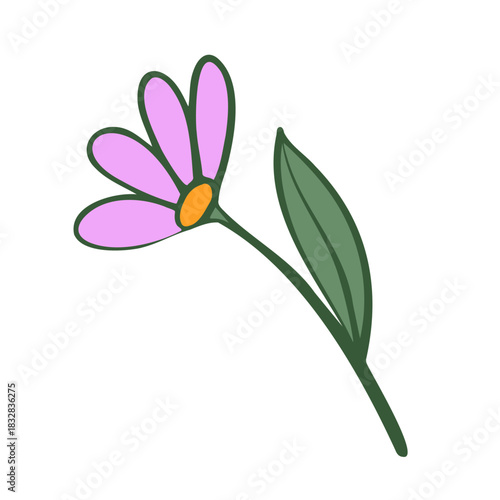 Flat icon depicting a light purple flower with a green stem and leaves. Flat plant illustration.