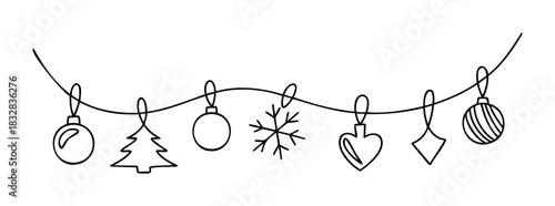Festive garland of hand drawn Christmas ornaments, including tree, snowflake, heart, and baubles, perfect for holiday decorations and seasonal promotions