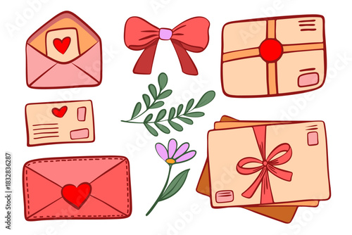 Cute love letter and envelope concept, trendy card, cartoon romantic card, and lettering design with heart and stamps. Flat style illustration.