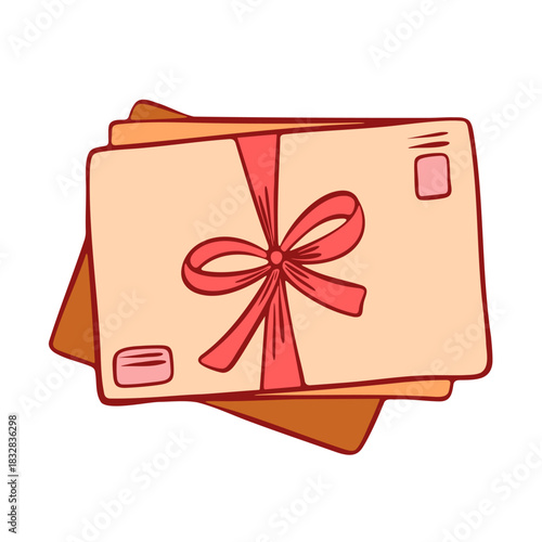 Stack of envelopes tied with a pink ribbon. Flat style letter illustration.