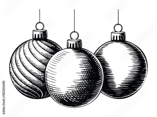 Hand drawn sketch of three hanging vintage Christmas ornaments with detailed shading for festive holiday decorations and seasonal greetings, ideal for festive promotions and New Year