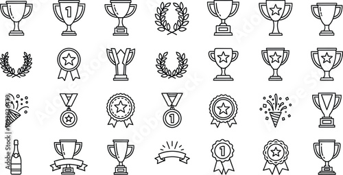 Collection of black and white line art icons representing various award symbols like trophy cup medal wreath and ribbon