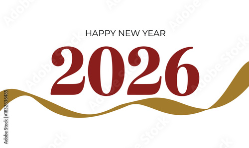 Elegant 2026 Happy New Year greeting design featuring bold red typography with a flowing gold ribbon accent on a clean white background for festive celebrations