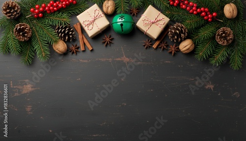 Festive Christmas Garland with Gifts and Pine Cones on Dark Background.