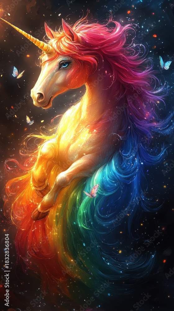 Obraz premium A majestic unicorn with a vibrant rainbow mane and horn, set against a stunning cosmic background with ethereal light.