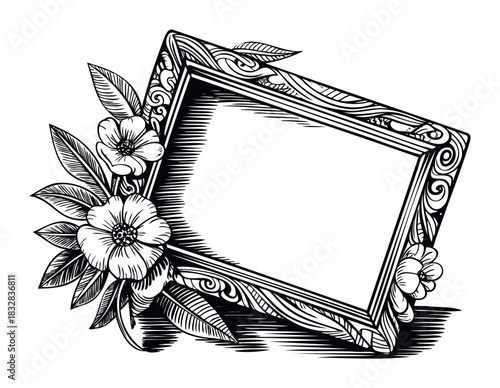 Engraved Ornamental Picture Frame with Floral Accents for Vintage Memory Display or Decorative Greeting Celebration