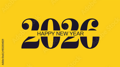 Bold 2026 Happy New Year typography design in modern black lettering on bright yellow background, ideal for festive greeting cards and holiday promotions