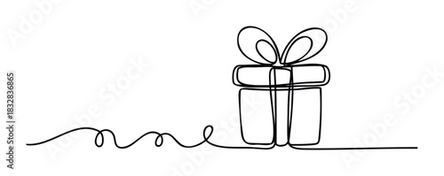 Simple continuous line drawing of a gift box with ribbon, perfect for celebrations, presents, and event graphics offering a minimalist visual for holidays and special occasions.