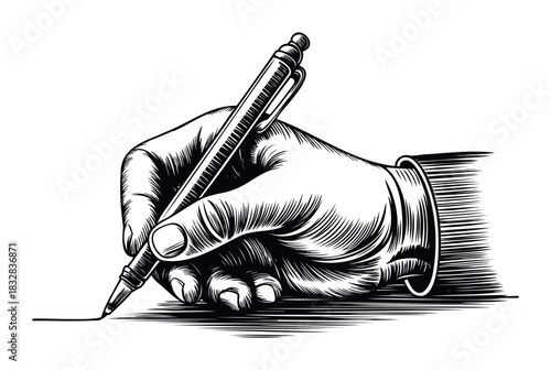 Hand holding pen writing line on white surface, concept for signature, note taking, or composition in business and education