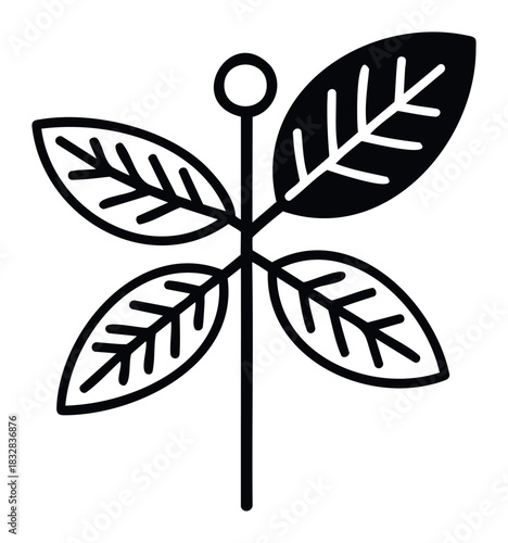 Stylized black and white graphic of a plant stem with four leaves and a circle at the top, suitable for natural science and health related topics.