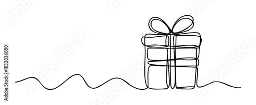 Simple continuous line drawing of a gift box with a ribbon bow, perfect for celebration and surprise announcements, used for holiday greetings and marketing.