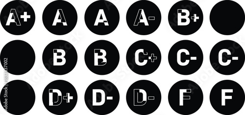 Black and white set of academic grading scale symbols from a plus to f inside circles on
